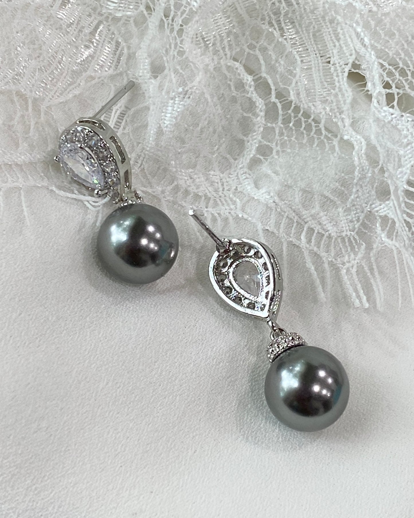 Wedding Bridal Dark Gray Pearl Necklace and Earrings Set