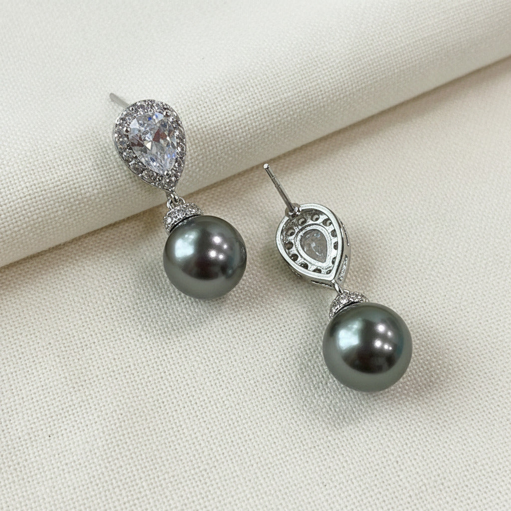 Wedding Bridal Dark Gray Pearl Necklace and Earrings Set