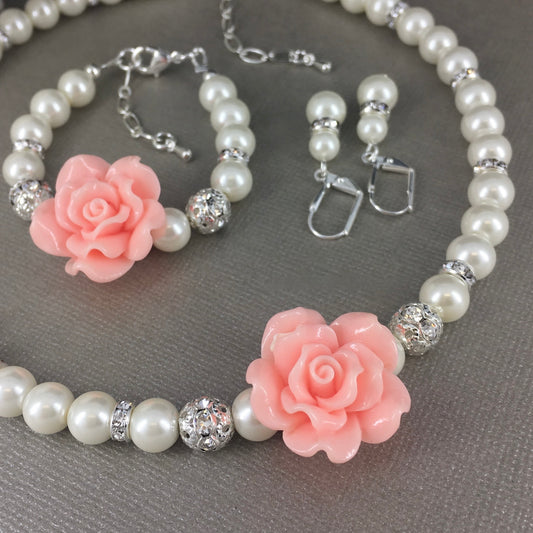 Blush Pink Rose Pearl Necklace Bracelet Earrings