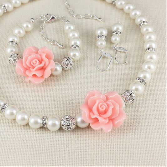 Blush Pink Rose Pearl Necklace Bracelet Earrings