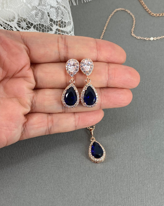 Wedding Bridal 2pcs CZ Sapphire Blue Necklace and Earrings Set