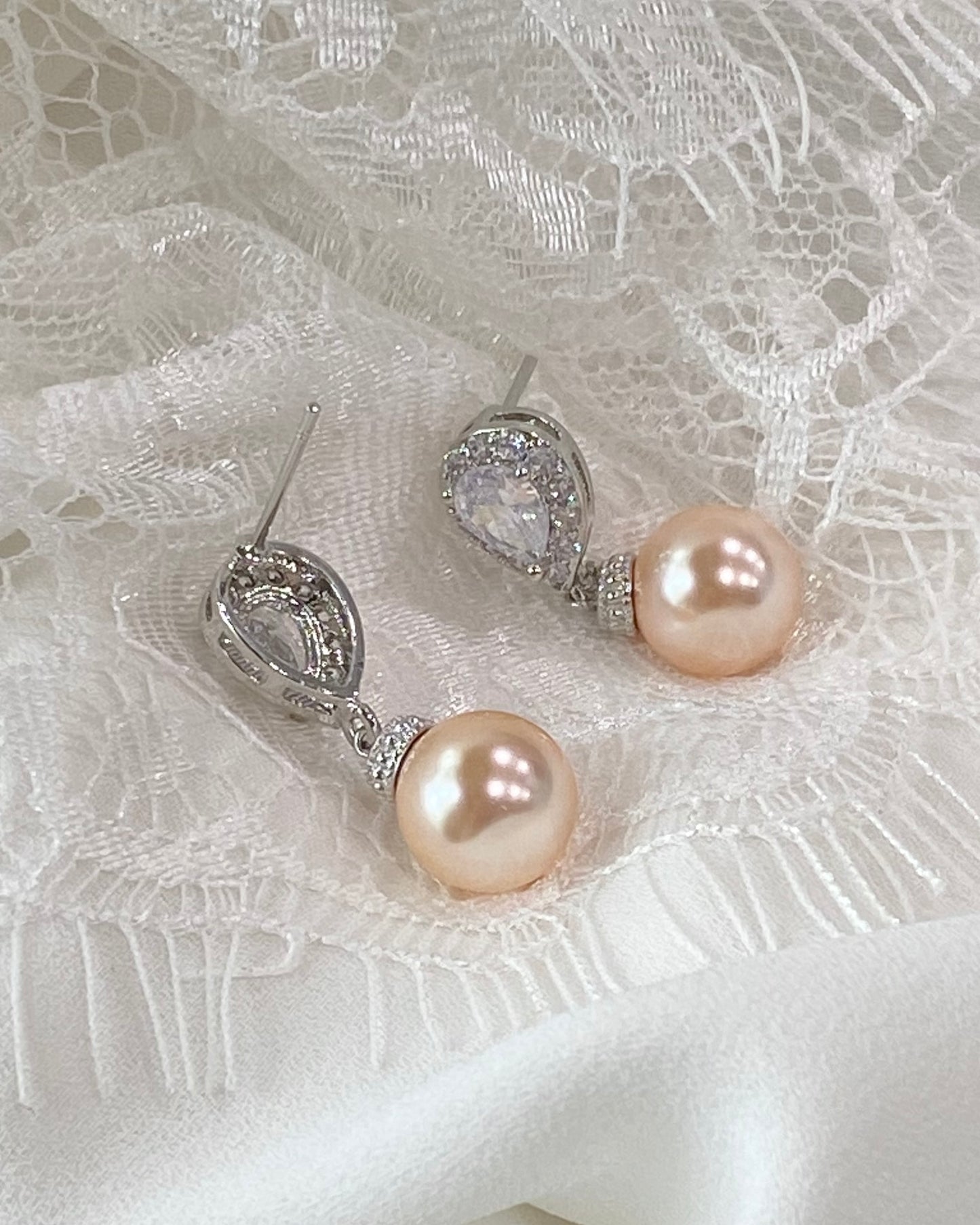 Wedding Bridal Peach Pearl Necklace and Earrings Set