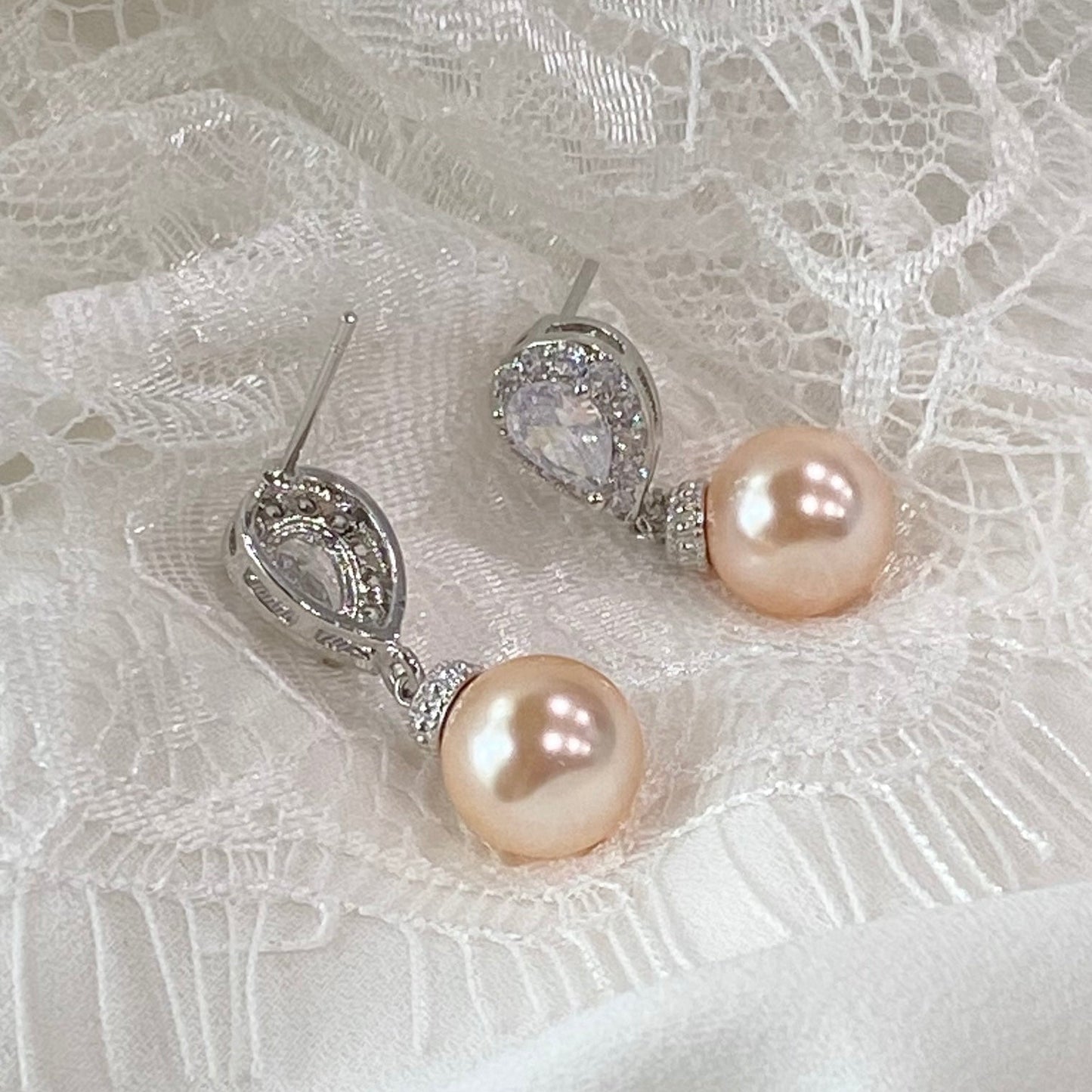 Wedding Bridal Peach Pearl Necklace and Earrings Set