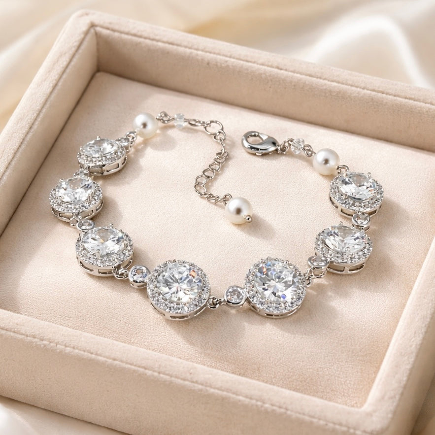 Crystal Bridal Tennis Bracelet Round Halo Wedding Jewelry
