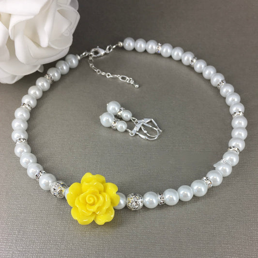 Yellow Flower Rose Pearl Necklace Bracelet Earrings