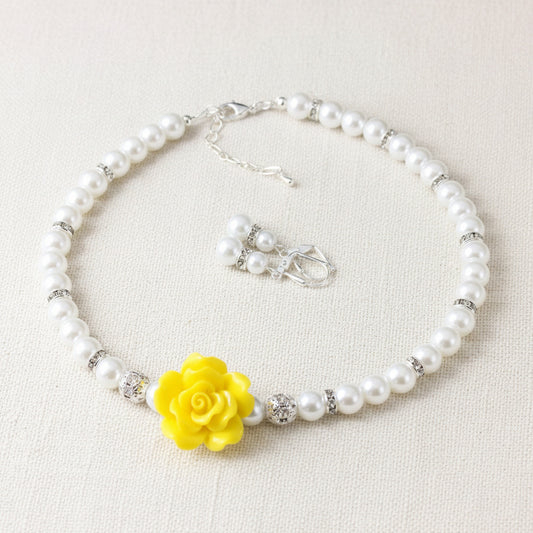 Yellow Flower Rose Pearl Necklace Bracelet Earrings