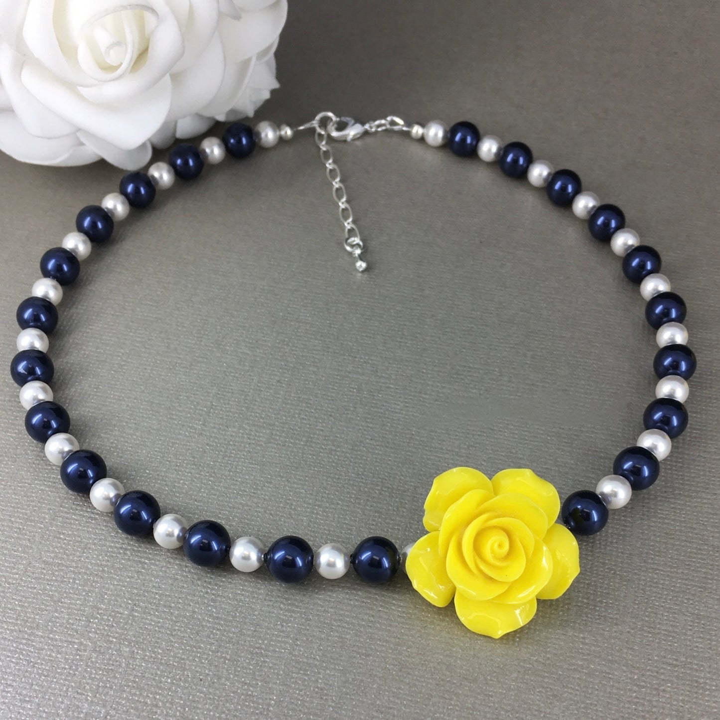 Navy Blue and White Pearl Resin Yellow Rose Necklace Bracelet Stud Earrings