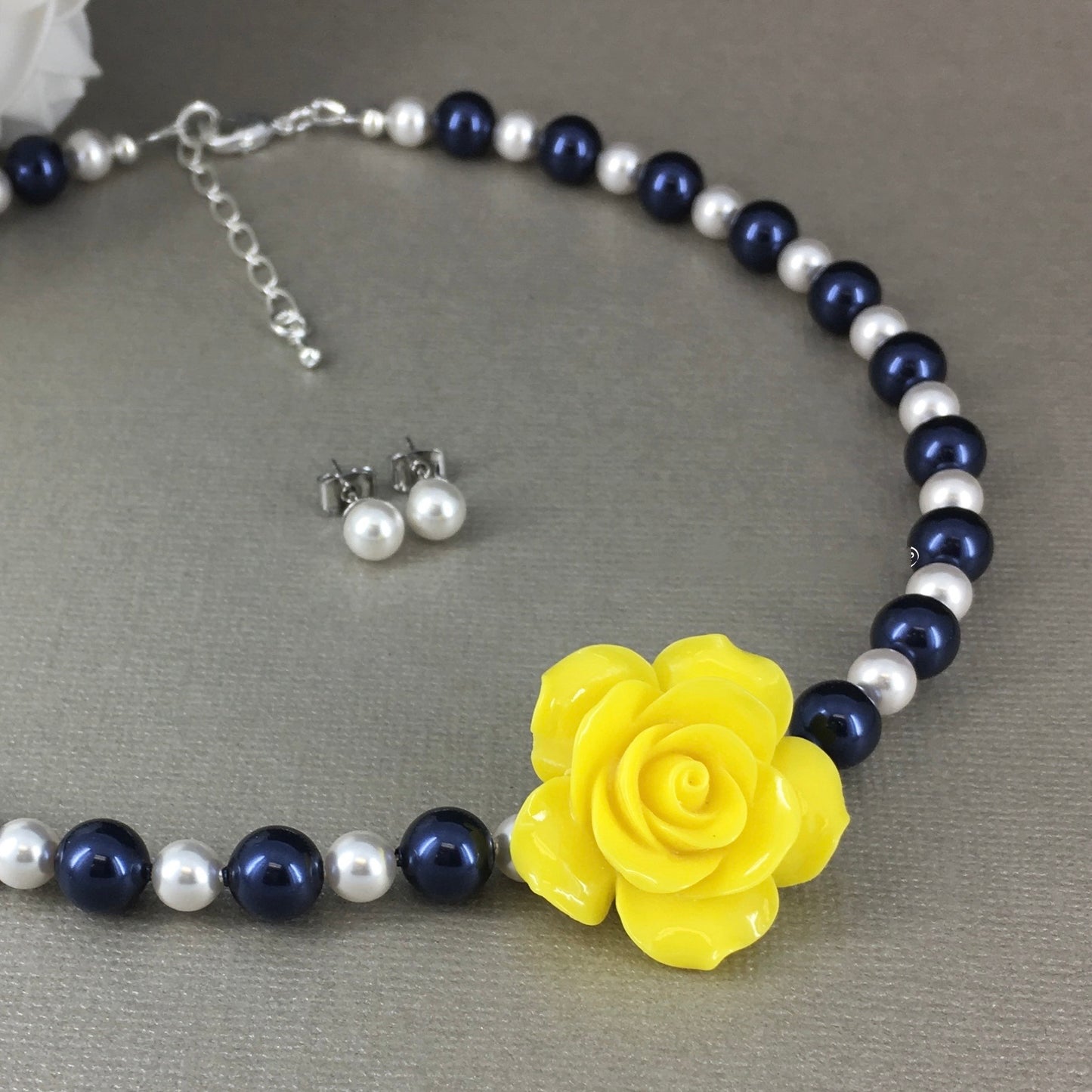 Navy Blue and White Pearl Resin Yellow Rose Necklace Bracelet Stud Earrings