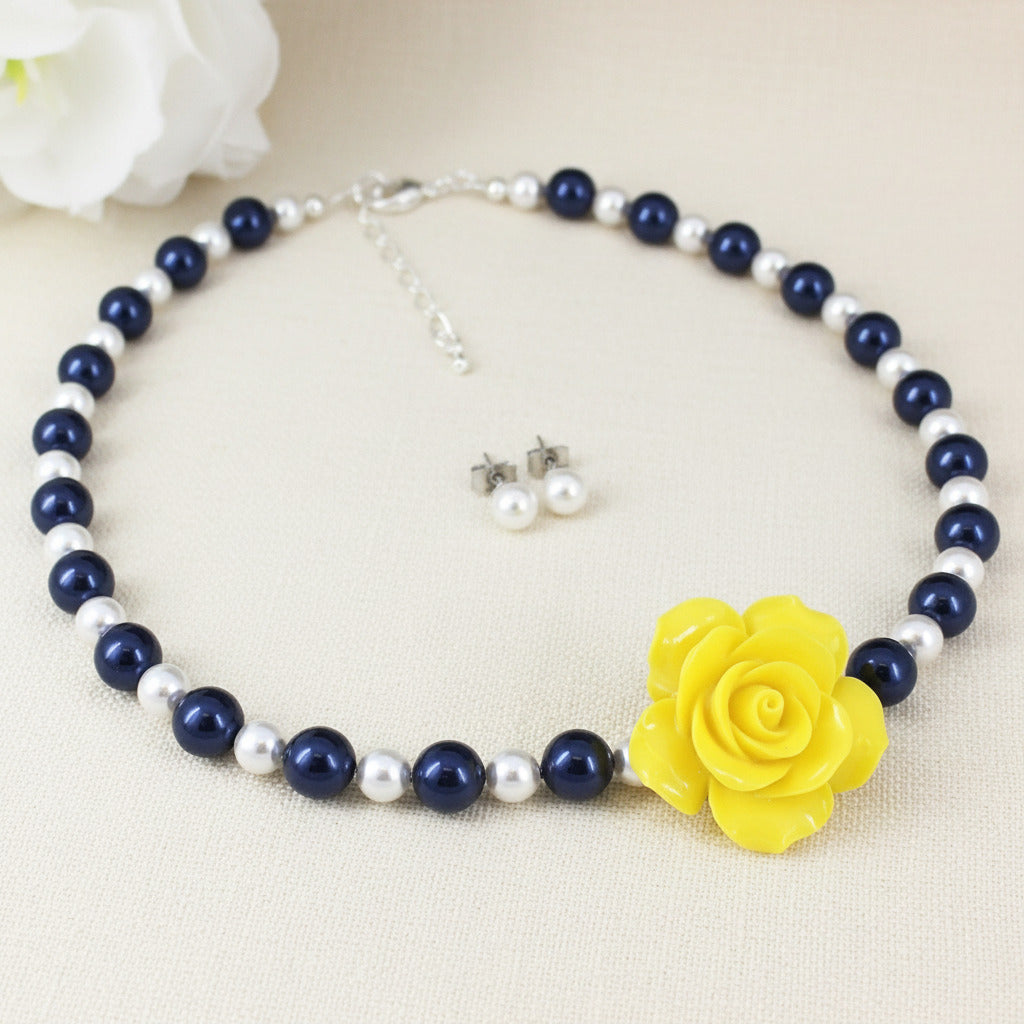 Navy Blue and White Pearl Resin Yellow Rose Necklace Bracelet Stud Earrings