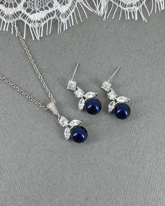 Wedding Bridal 2pcs Floral and Blue Pearl Necklace and Earrings Set