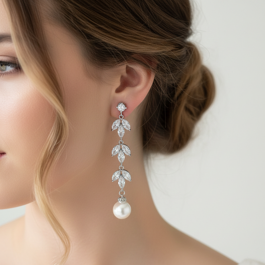 Wedding Bridal CZ Leaf Long Drop 10mm Pearl Earrings
