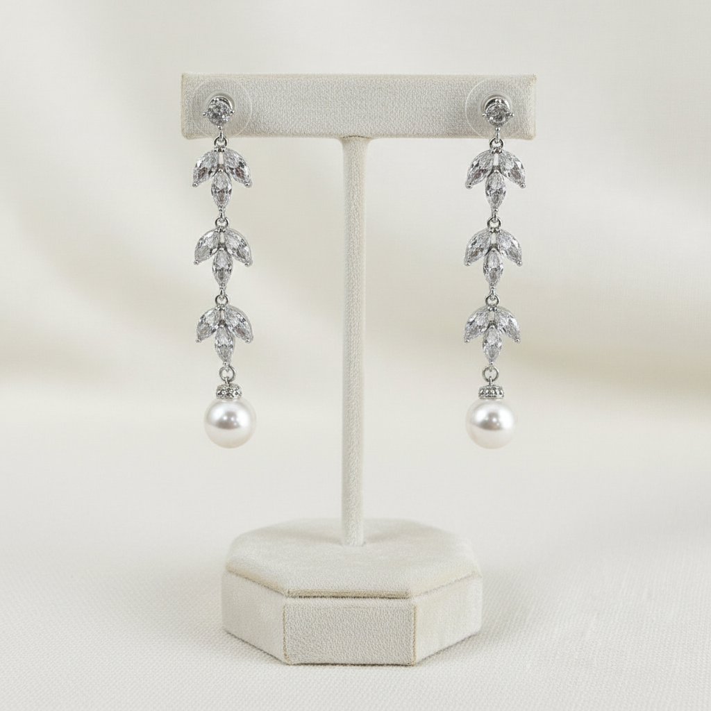 Wedding Bridal CZ Leaf Long Drop 10mm Pearl Earrings