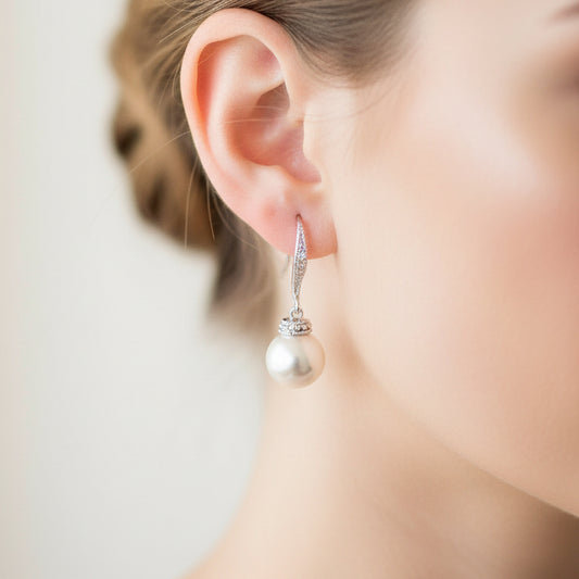 Wedding Bridal Bridesmaids CZ Classic 10mm Pearl Dangle Earrings