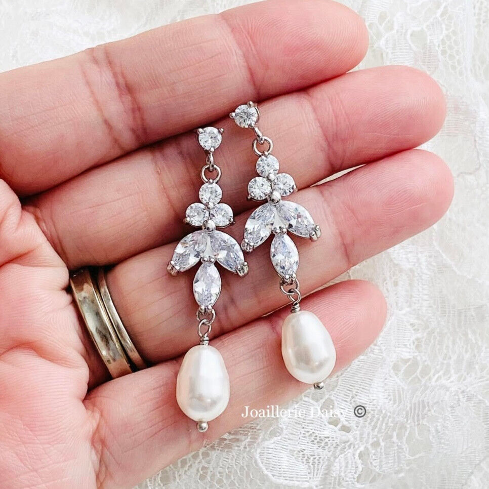 Wedding Bridal CZ Leaf and Pear Pearl Dangle Earrings