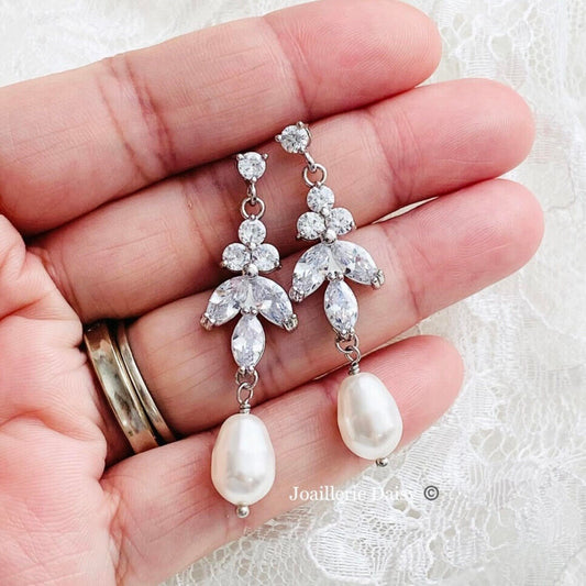 Acacia CZ Leaf and Pear Pearl Dangle Earrings