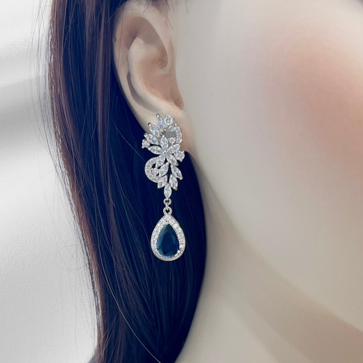Bridal Wedding Sapphire Something Blue Teardrop Flower Earrings