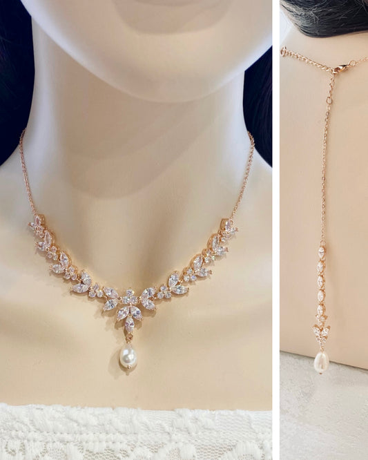 Wedding CZ Rose Gold Plated Statement Backdrop Pearl Necklace