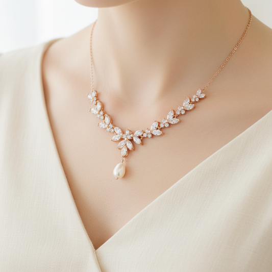 Wedding CZ Rose Gold Plated Statement Backdrop Pearl Necklace