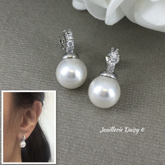 Wedding Bridal Bridesmiads CZ Pearl Stud Earrings