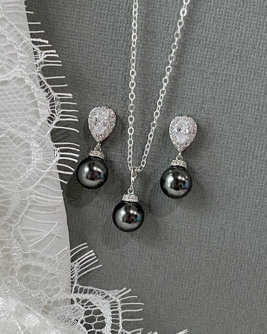 Livia Charcoal Pearl Necklace and Earrings Set