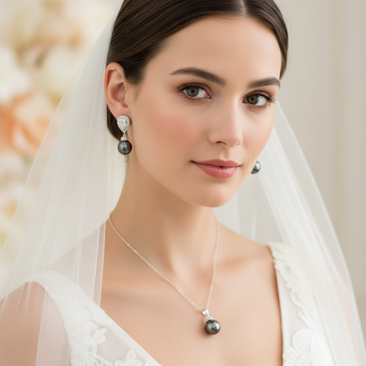 Wedding Bridal Charcoal Pearl Necklace and Earrings Set