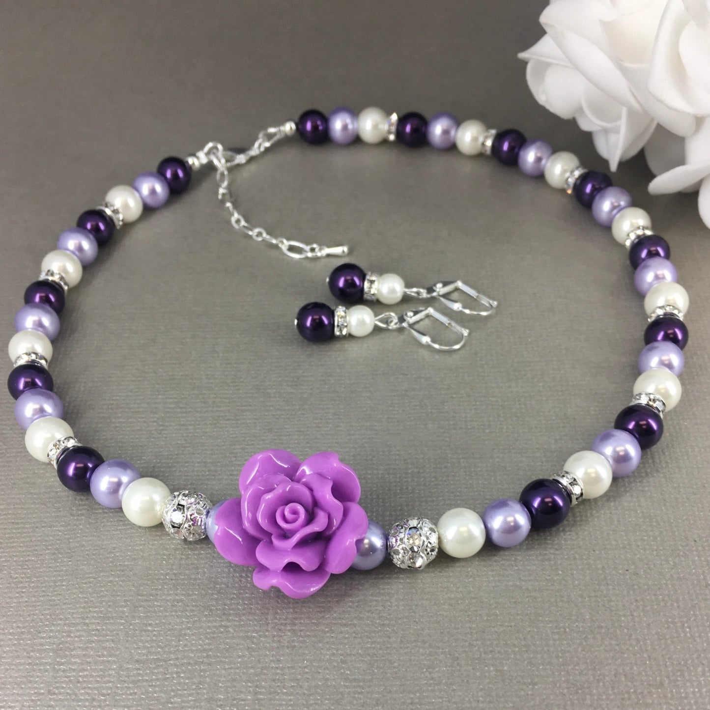 Shades of Purple Pearl with Lavender Rose Necklace Bracelet Earrings