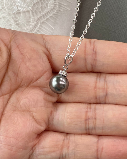 Wedding Bridal Dark Gray Pearl Necklace and Stud Earrings Set