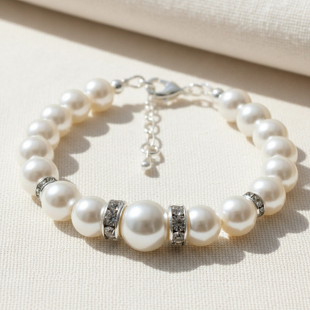 Classic Wedding Bridal White Austrian Crystal Pearl Bracelet