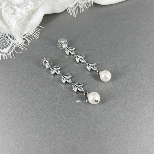 Wedding Bridal CZ Leaf Long Drop 10mm Pearl Earrings