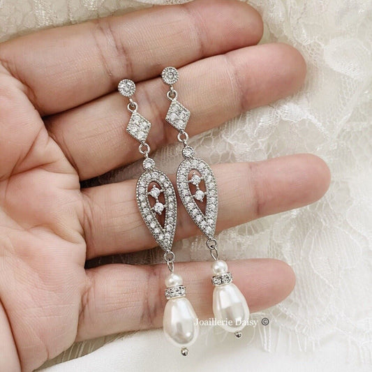 Wedding Bridal Vintage Style CZ Pearl Earrings