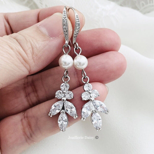 Wedding Bridal Bridesmiads CZ Leaf and Pearl Dangle Earrings