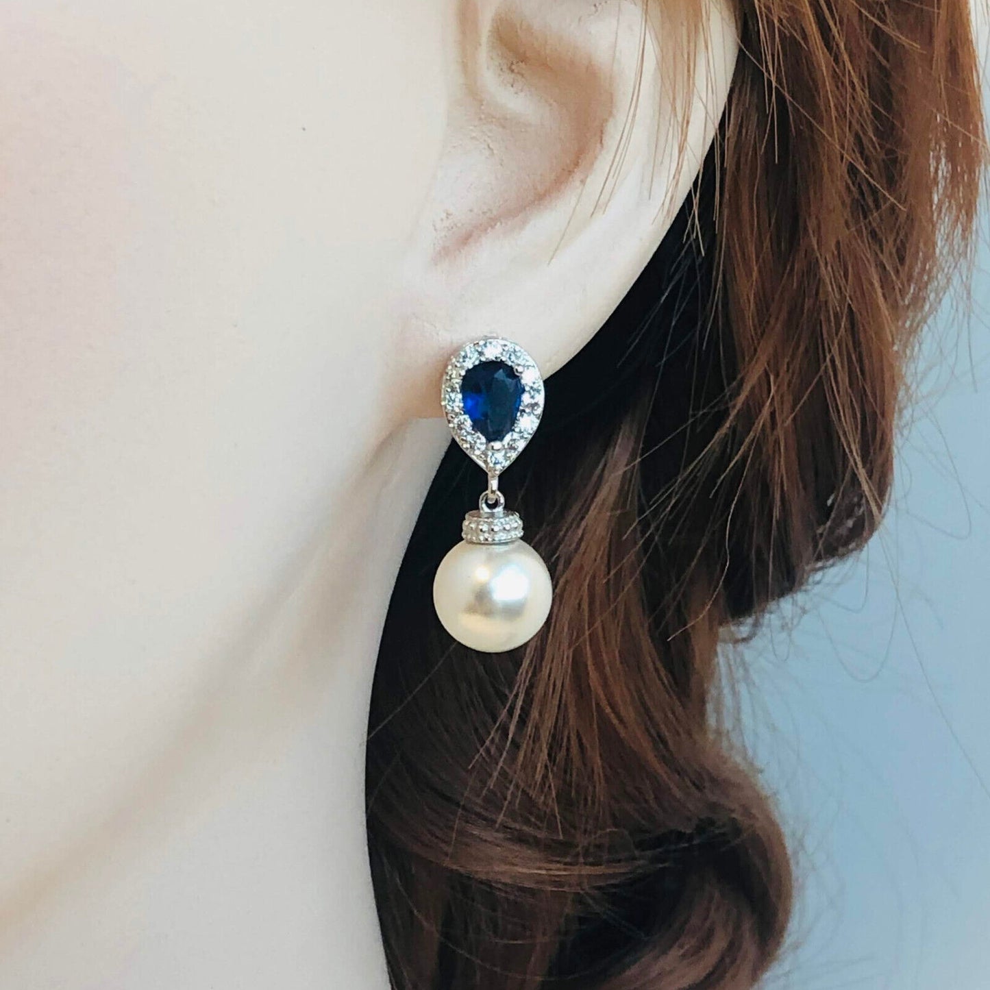 Wedding Bridal Something Blue 10mm Pearl Drop Earrings