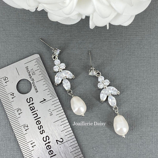 Wedding Bridal CZ Leaf and Pear Pearl Dangle Earrings