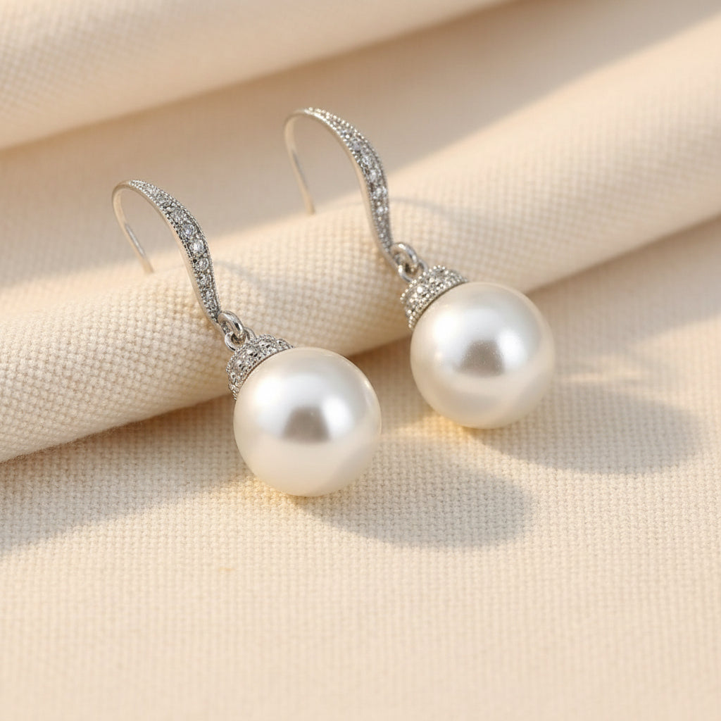 Wedding Bridal Bridesmaids CZ Classic 10mm Pearl Dangle Earrings