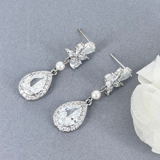 Wedding Bridal SIlver Floral CZ Teardrop Earrings