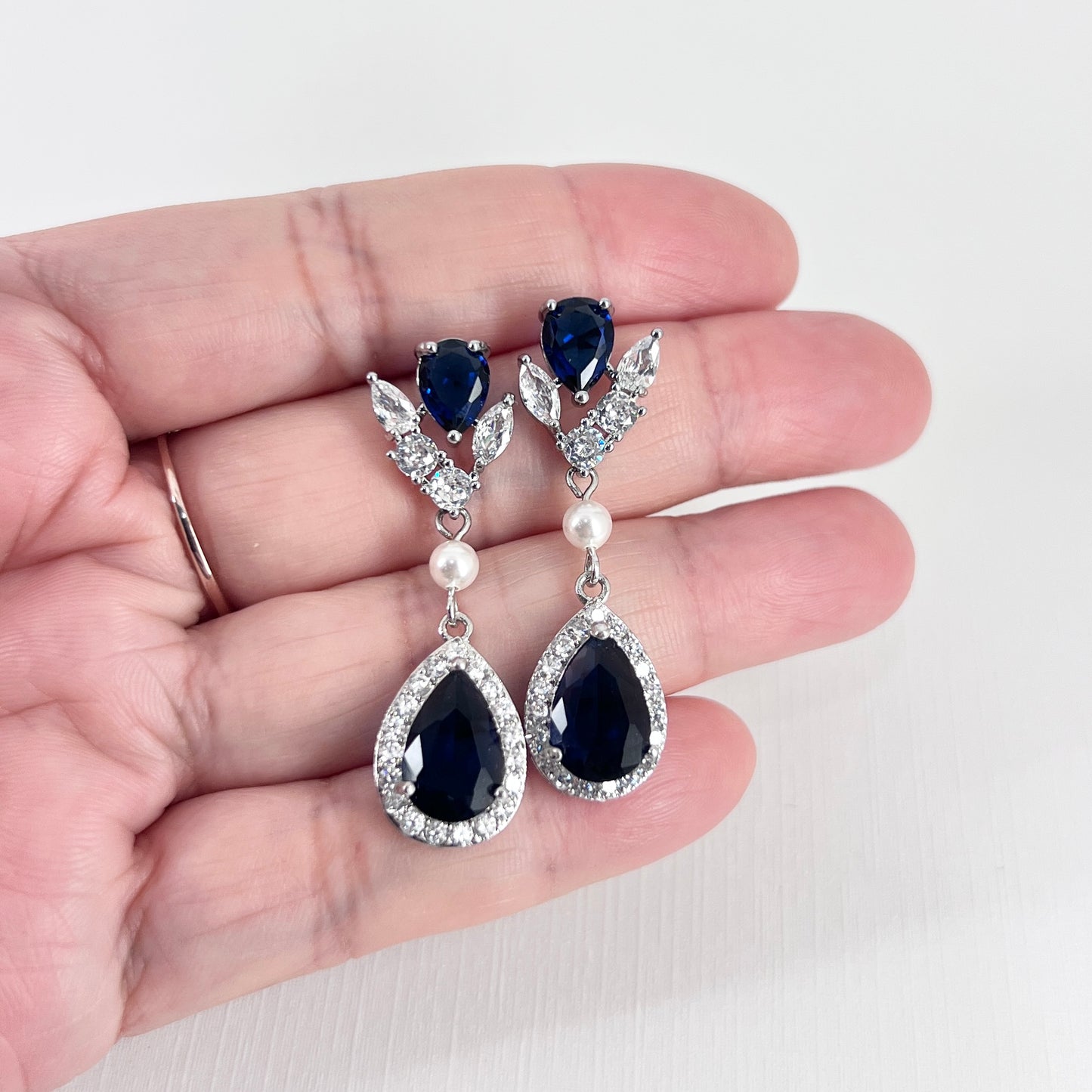 Bridal Wedding Sapphire Blue Teardrop CZ Floral Earrings