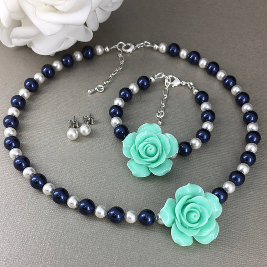 Mint Green Rose Navy Blue and White Pearl Necklace Bracelet Stud Earrings