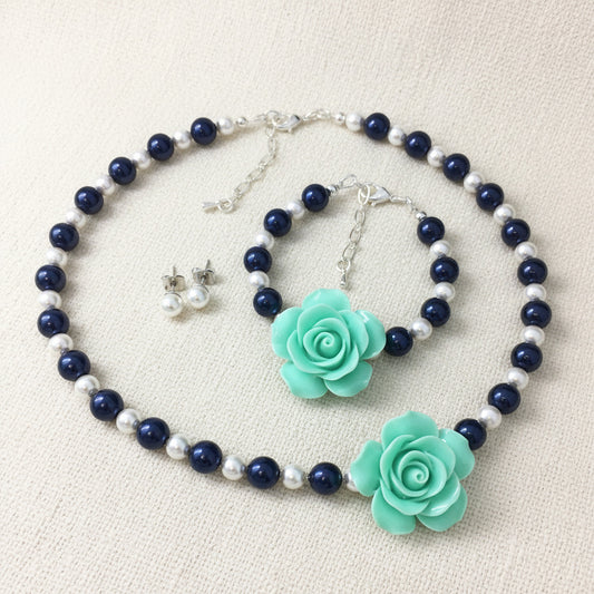 Mint Green Rose Navy Blue and White Pearl Necklace Bracelet Stud Earrings