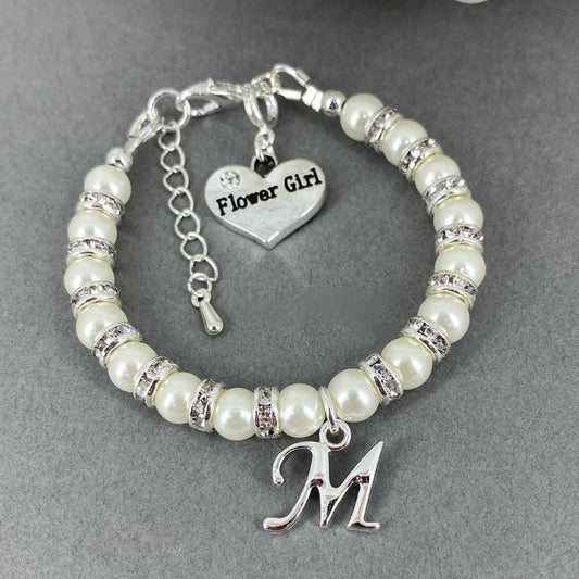 Pearl and Initial Charm Flower Girl Bracelet