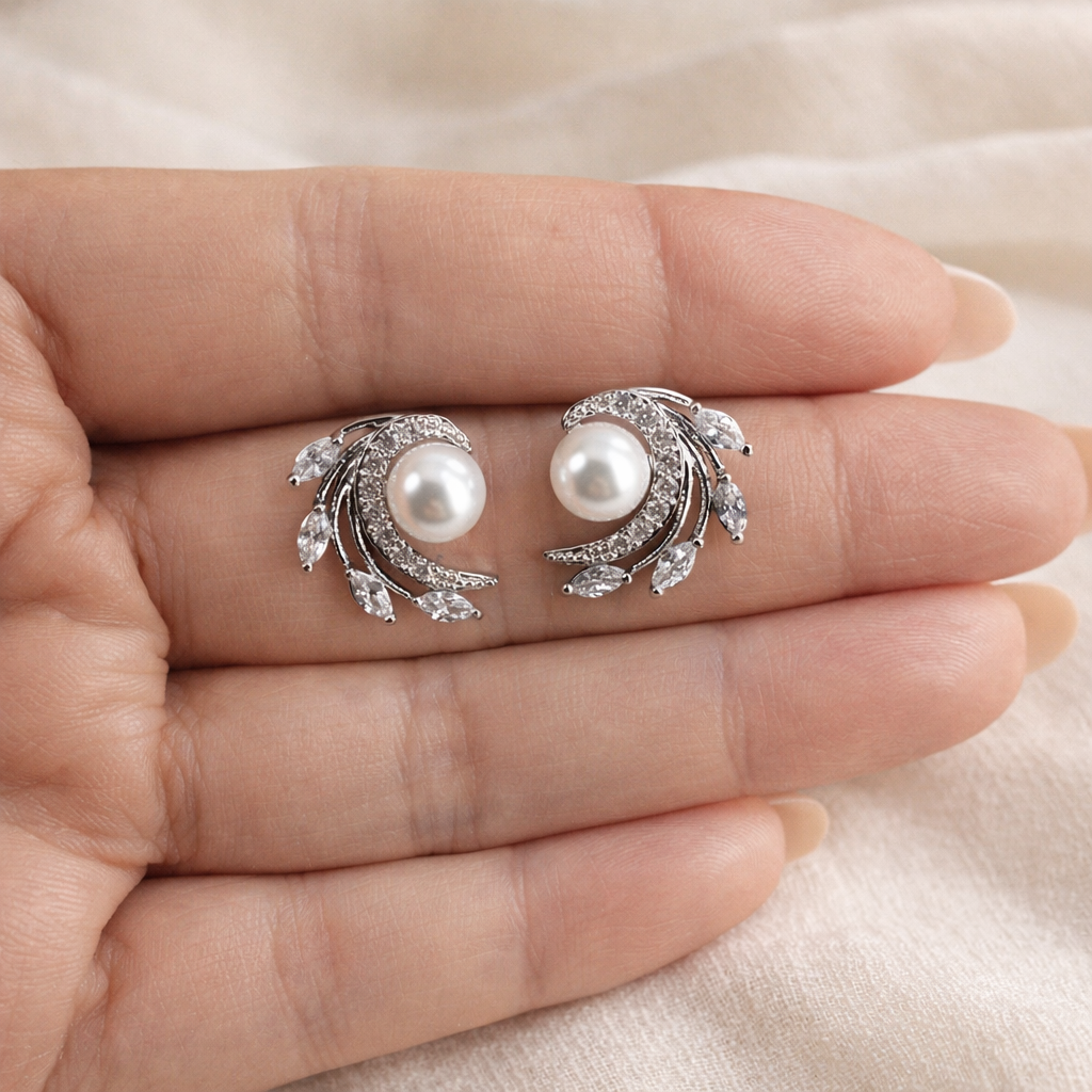 Pearl Leaf Bridal Stud Earrings