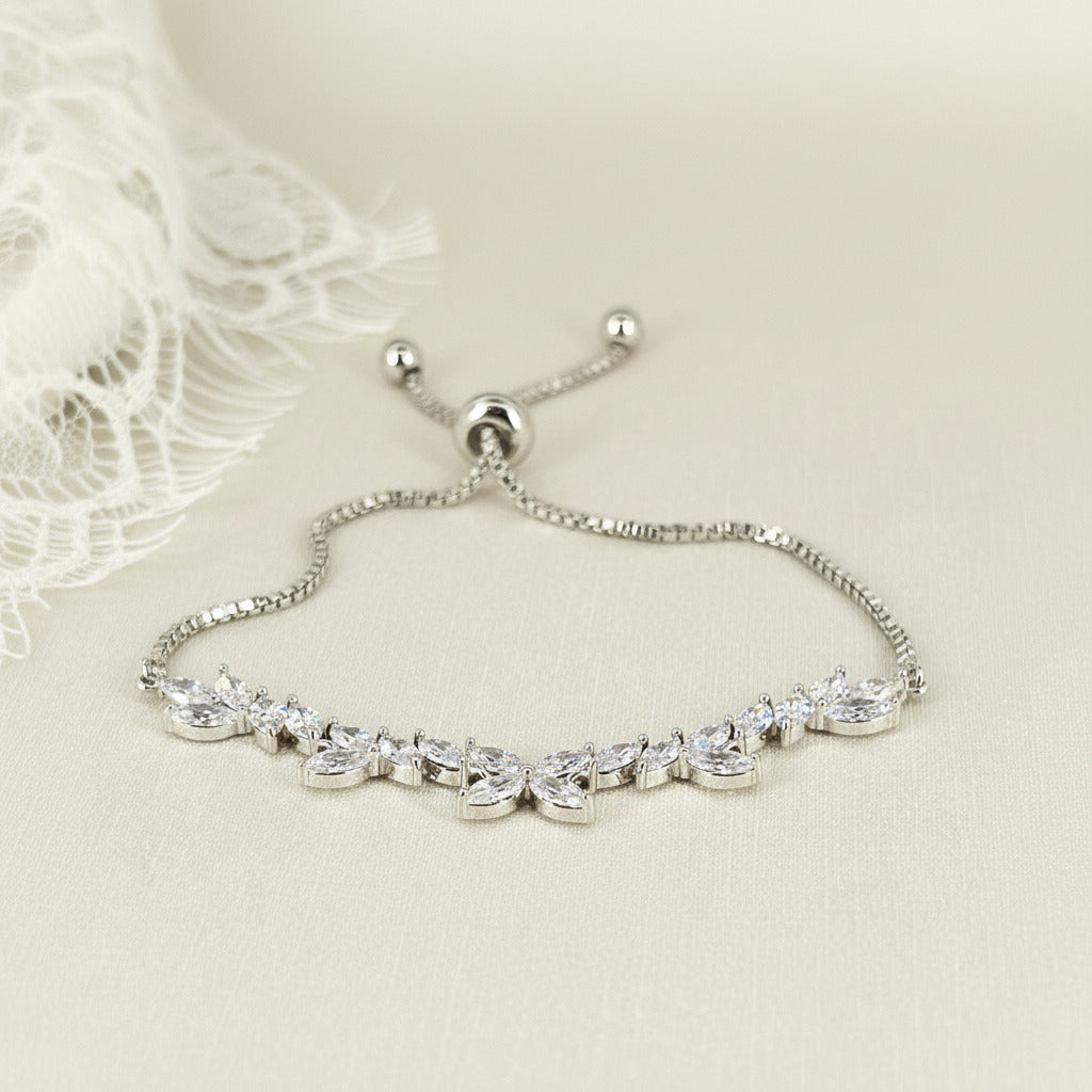 Silver Marquise Crystal Leaf Bridal Adjustable Bracelet