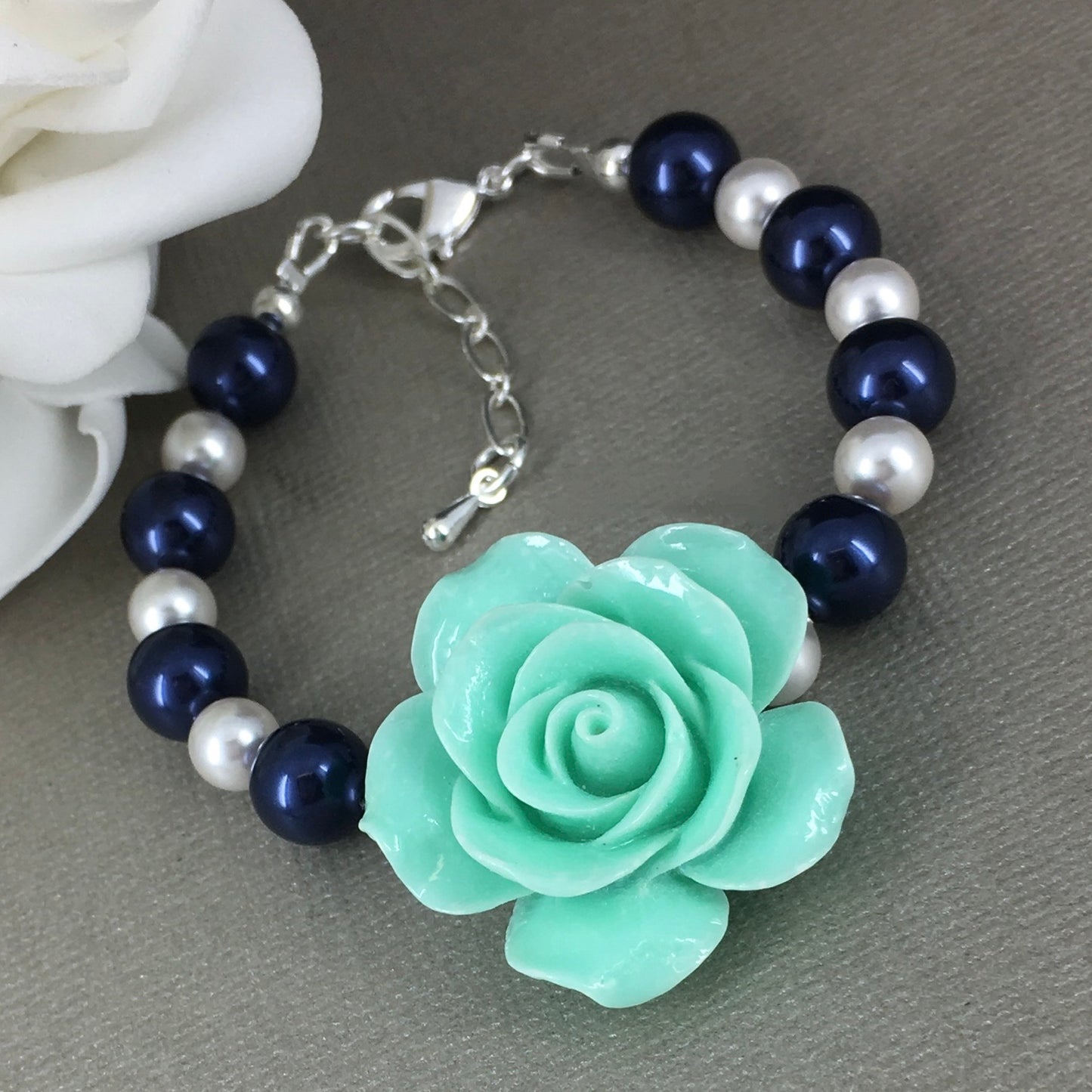 Mint Green Rose Navy Blue and White Pearl Necklace Bracelet Stud Earrings