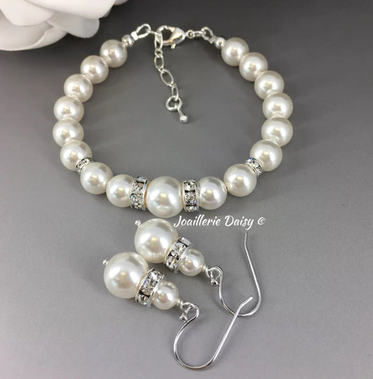 Wedding Bridal White Austrian Crystal Pearl Bracelet Earrings Set