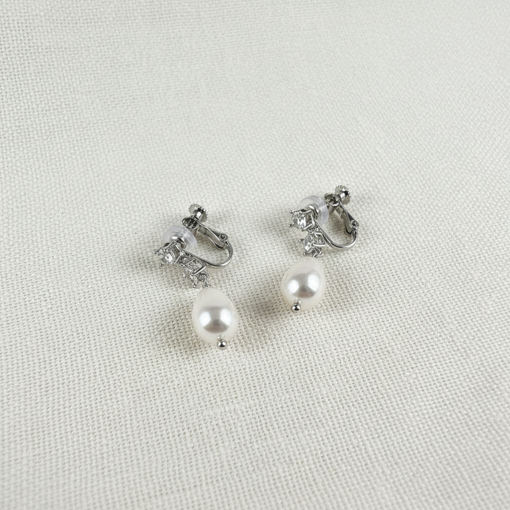 Wedding Bridal Pear Pearl Dangle Clip-on Earrings