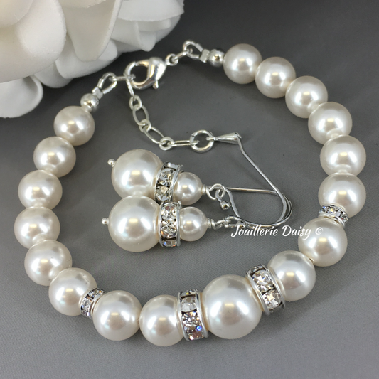 Edrieana White Austrian Crystal Pearl Bracelet Earrings Set