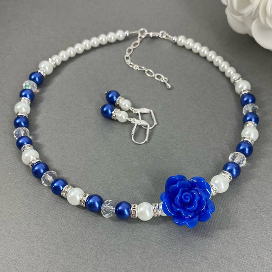 Royal Blue Flower Rose Pearl Necklace Bracelet Earrings