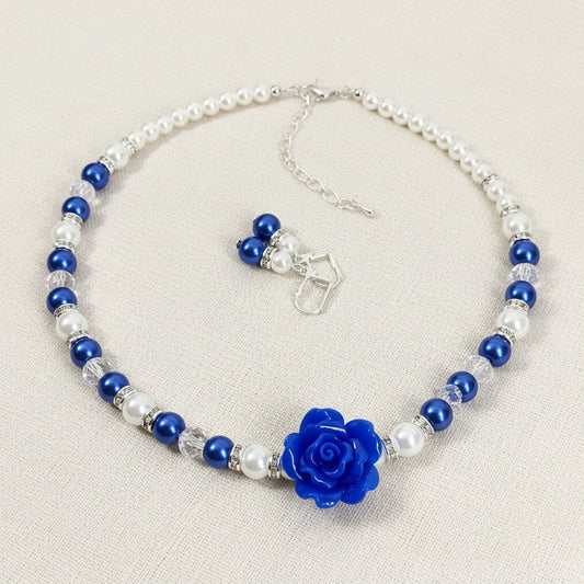 Royal Blue Flower Rose Pearl Necklace Bracelet Earrings