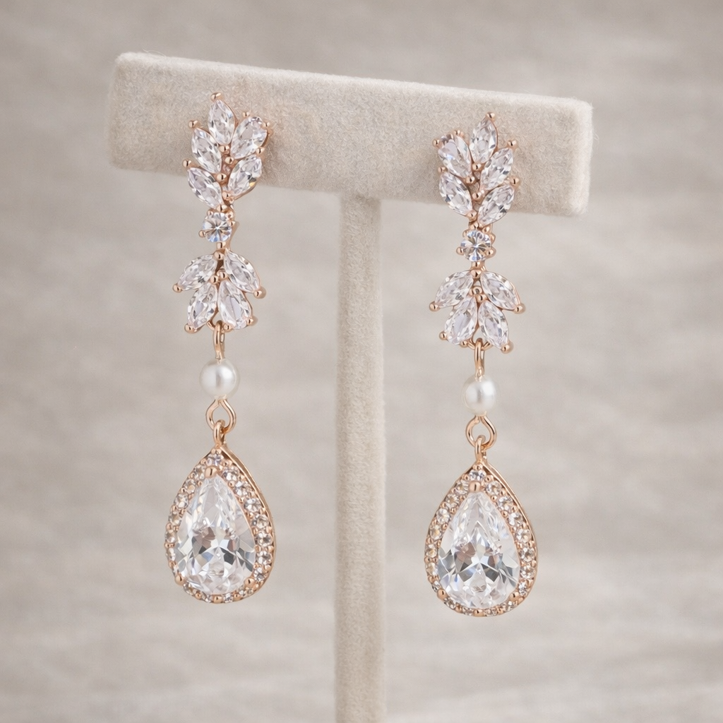 Bridal Rose Gold Teardrop Crystal Drop Earrings Wedding Jewelry
