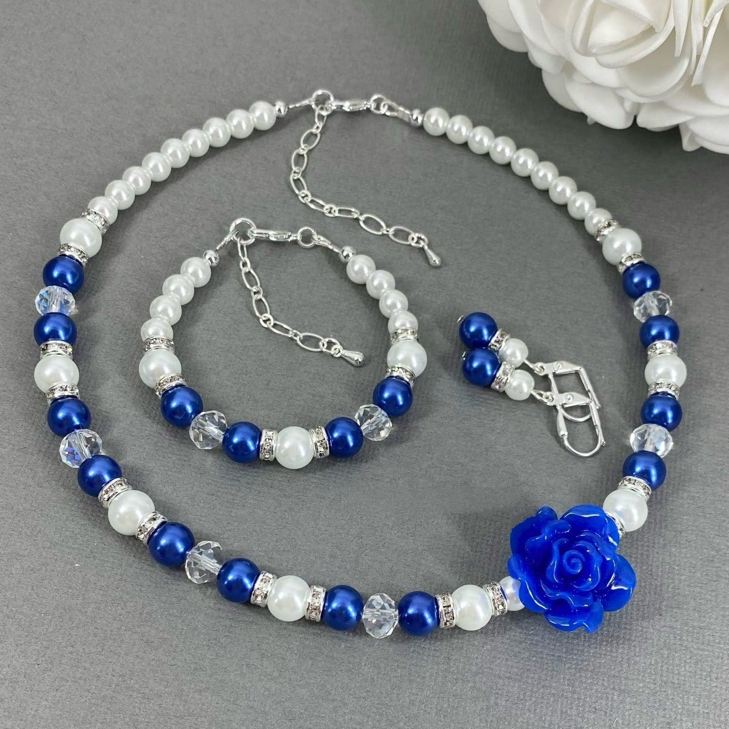Royal Blue Flower Rose Pearl Necklace Bracelet Earrings