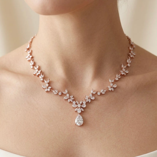 Wedding Bridal Rose Gold Plated Statement Necklace